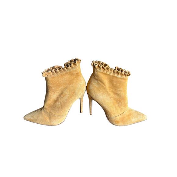 Mustard Suede Ruffle Trim Ankle Boots 4" Heel Size 36 Made in Lebanon - Picture 4 of 11